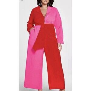 Fit to Fashion/Partick Starr Womens 0 Red/Pink Bleted Jumpsuit Wide-Leg V-Neck